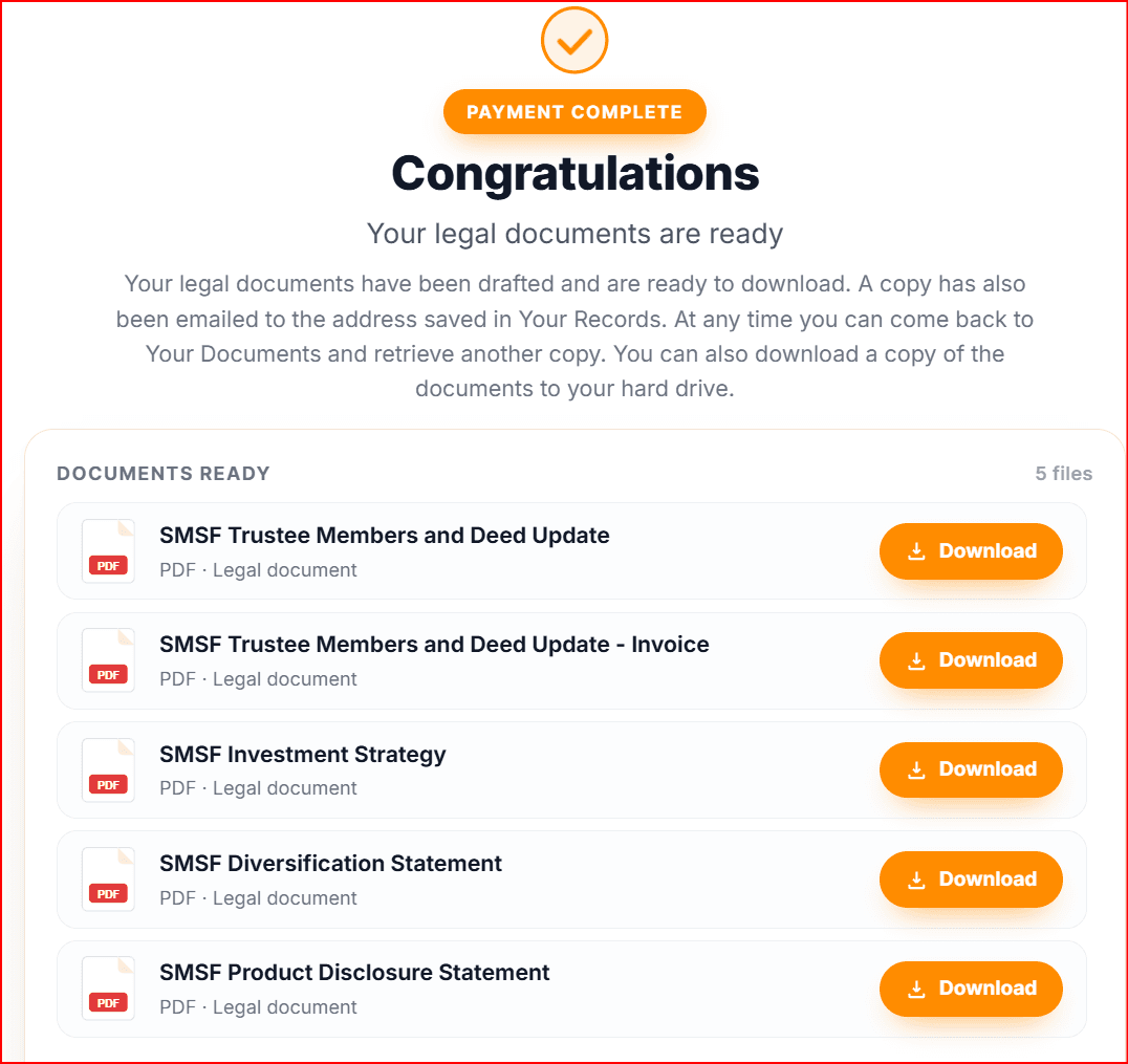 Completed SMSF Update legal documents ready to download
