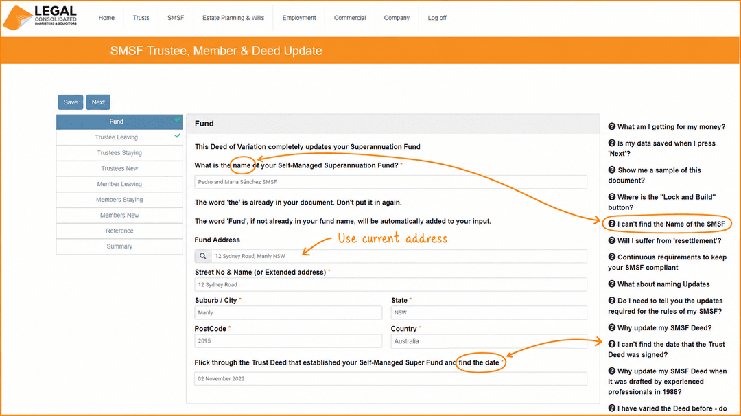 SMSF building questions with orange handwritten hints about the fund name, address and original deed date
