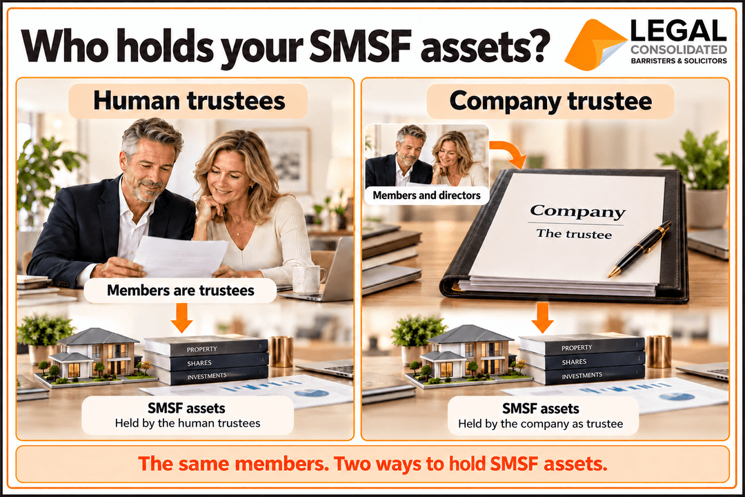 Human trustees hold SMSF assets as trustees; a company trustee holds the assets with the human members acting as directors