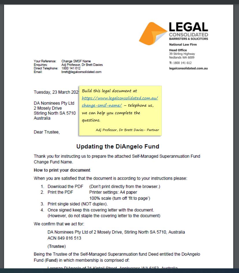 SMSF change name by a law firm